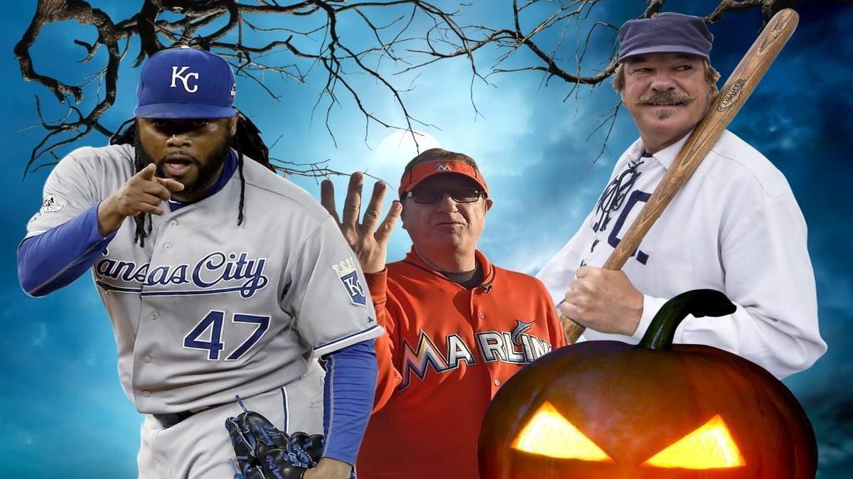 With a little imagination, you too can become (from left) Johnny Cueto, Marlins Man (with his Royals crown salute) and KayCee Baseball.