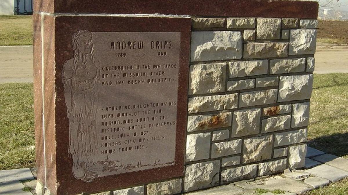 One side of the monument to fur trader Andrew Drips features his wife Mary, of the Otoe tribe. The marker is in Kansas City’s first city park, Andrew Drips Park at West 16th Street and Belleview Avenue.
