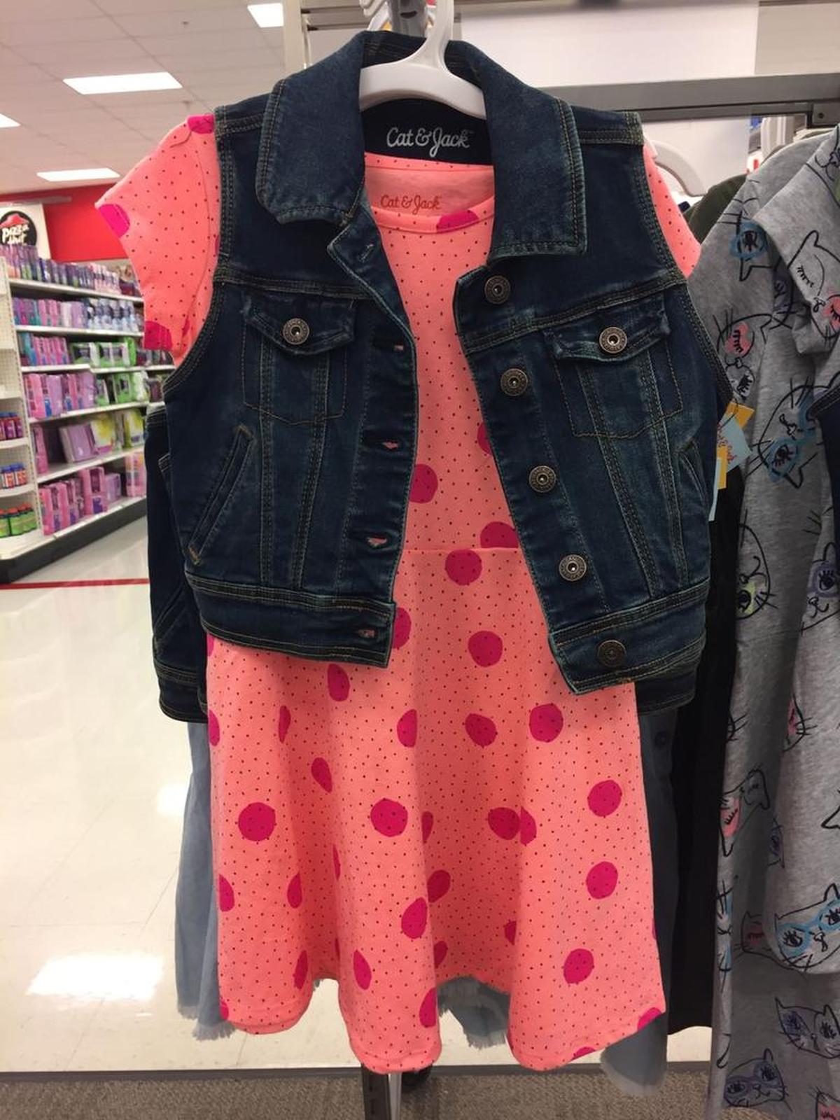 Since, let’s be real, it will be hot in KC until nearly October, dresses with layers may be a more practical choice for school. This pink T-shirt dress (Cat & Jack, $9.99) is so sweet paired with a denim vest (Cat & Jack, $16.99).