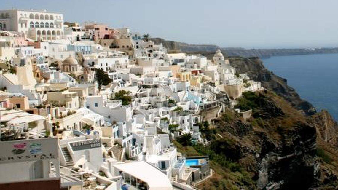
The island of Santorini, part of Greece’s Cyclades island chain in the Aegean Sea, is known for its black-sand beaches, its Mesa Vouno mountain and its magnificent sunsets.
