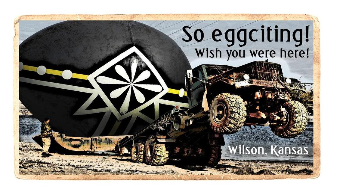 
If Wilson, Kan., had a postcard about its gloriously gigantic Fiberglas egg, we think it should look like this.
