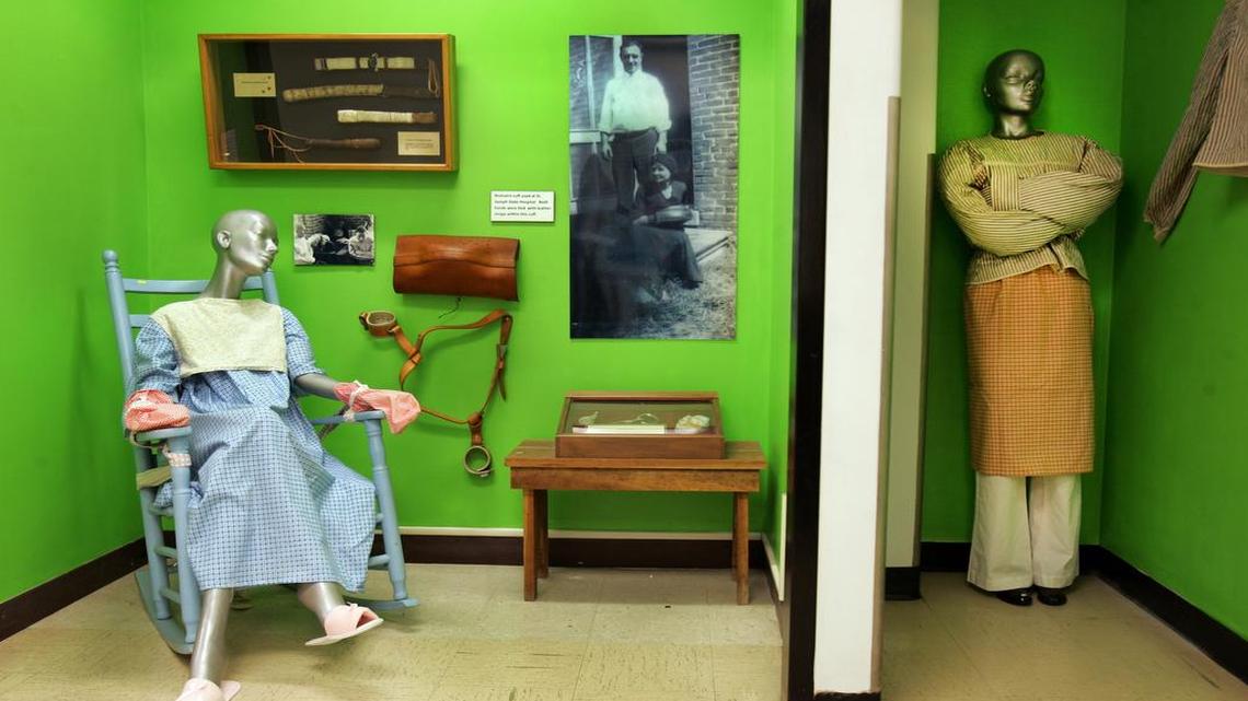 
An exhibit at the Glore Psychiatric Museum with three examples of restraints used at the former State Hospital No. 2 in St. Joseph.
