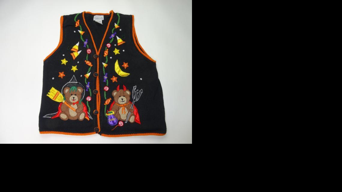
Once the tacky joy of Christmas alone, ugly sweaters and vests are a big part of Halloween.


