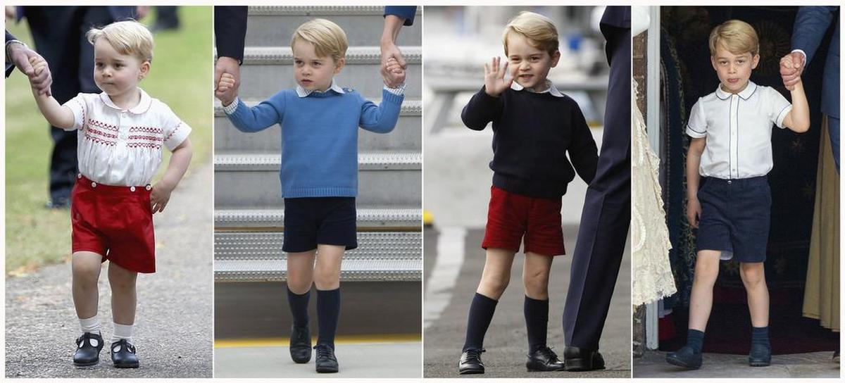 Britain’s Prince George looked dapper after the christening of Princess Charlotte in England in 2015 (from left), in British Columbia in September and October 2016, and at his brother’s christening service in London last year.