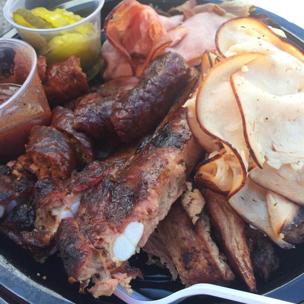 A sampling of barbecue meats from Jones Bar-B-Q. Sauce is usually served over the meat though it’s on the side here.
