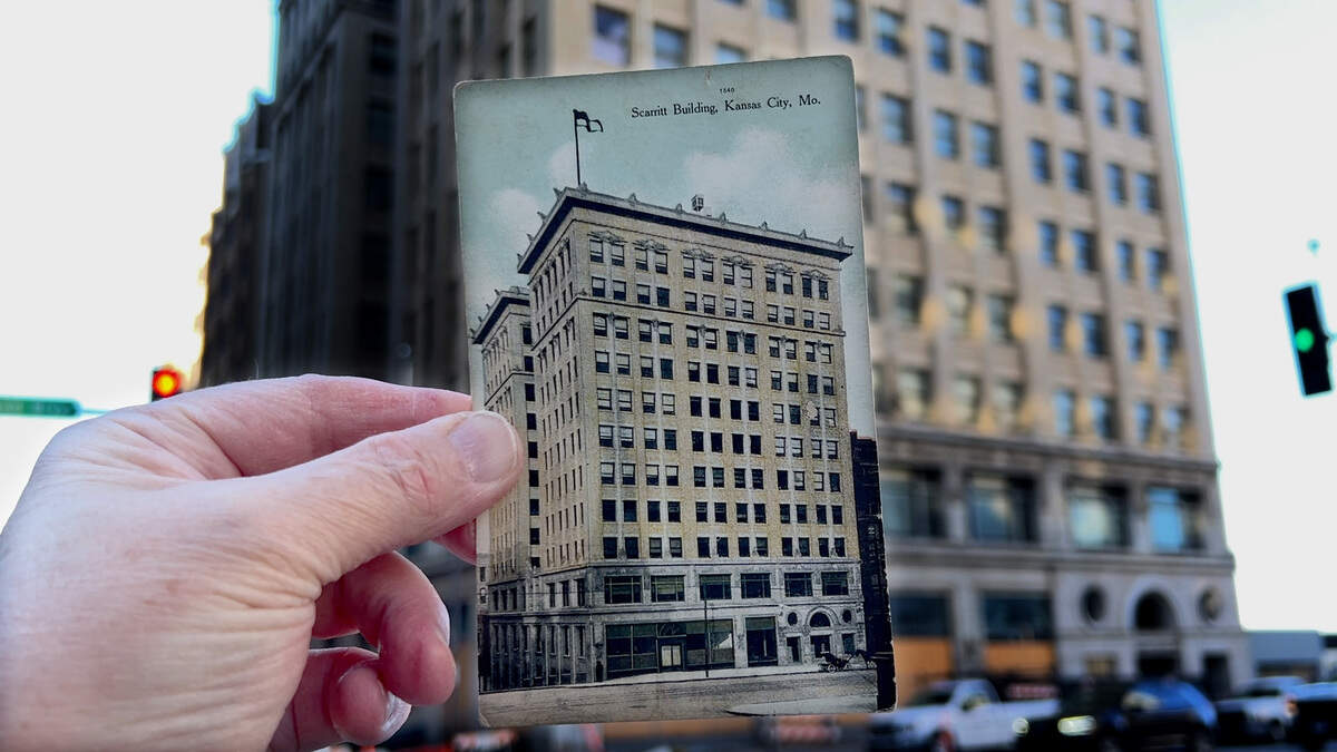 Kansas City’s second skyscraper, the Scarritt Building opened in 1907 at Ninth Street and Grand Boulevard. Built in the Chicago School architectural style championed by Louis Sullivan, it featured a “light well” for maximum sunshine, as well as ornate decoration inside and out.