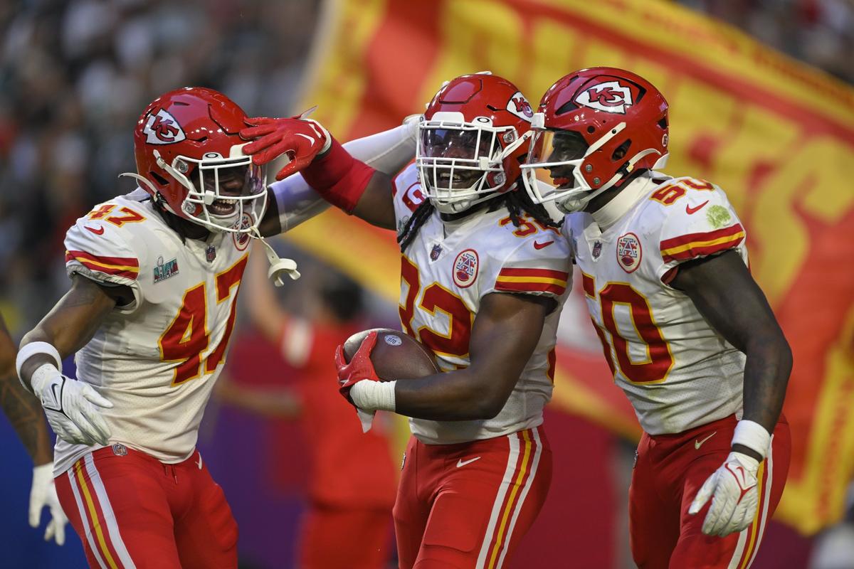 Nick Bolton (32) recovered fumble for touchdown in the first half of Super Bowl LVII between the Kansas City Chiefs and the Philadelphia Eagles on Sunday, Feb. 12, 2023, at State Farm Stadium in Glendale, Arizona.