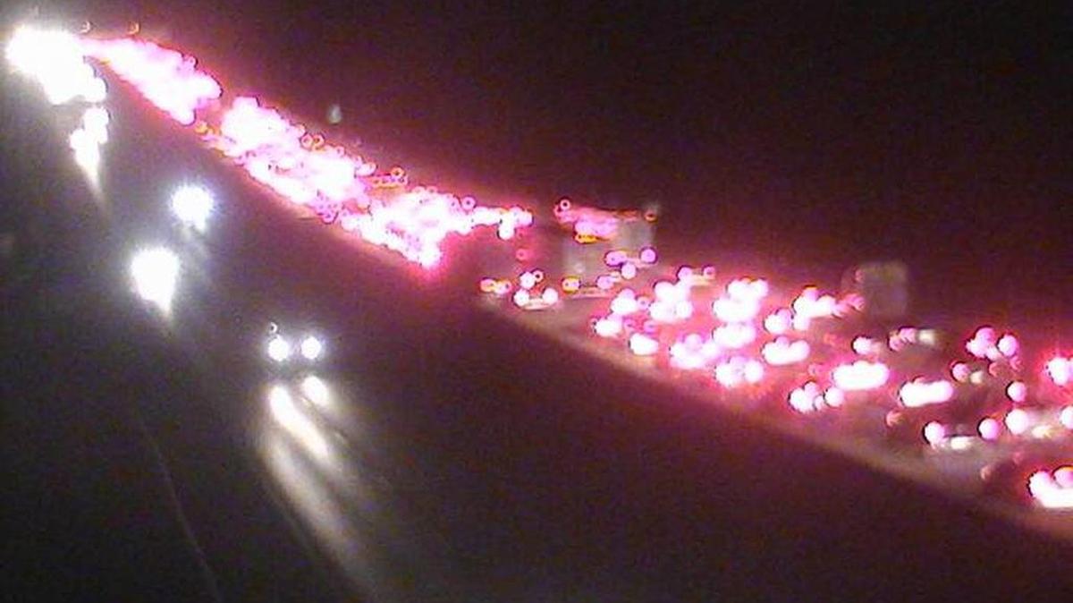 Traffic was backed up after Kansas City police closed multiple lanes of eastbound Interstate 435 after 8 p.m. Saturday, Jan. 27, 2018 to investigate a crash. Police said a vehicle struck and killed a pedestrian on the interstate.