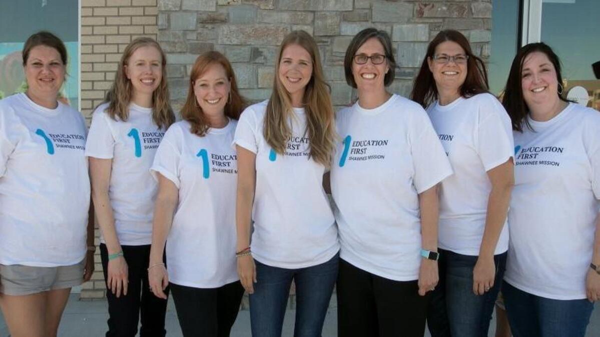 Jennifer Howerton (left), Kristin Brown, Liz Benditt, Meghan Peters, Tiffany Johnson, Emily Robb and Stacy Hetz, members of Education First, a new Shawnee Mission political action committee that is working to elect pro-education candidates to the Shawnee Mission School Board. The group made a final endorsement ahead of the November election on Tuesday.