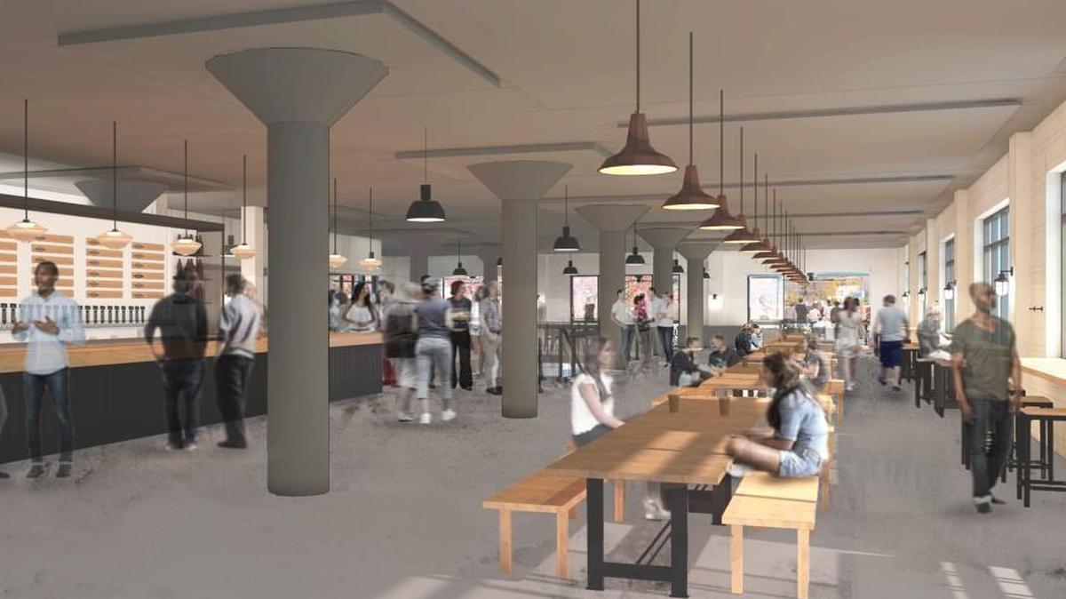 A new beer hall, designed to add to the tour experience at Boulevard Brewery, is pictured in this rendering by Helix Architecture + Design. Boulevard plans to open some time this summer a larger gift shop and other expansions in a building under renovation adjacent to its Kansas City brewery campus.