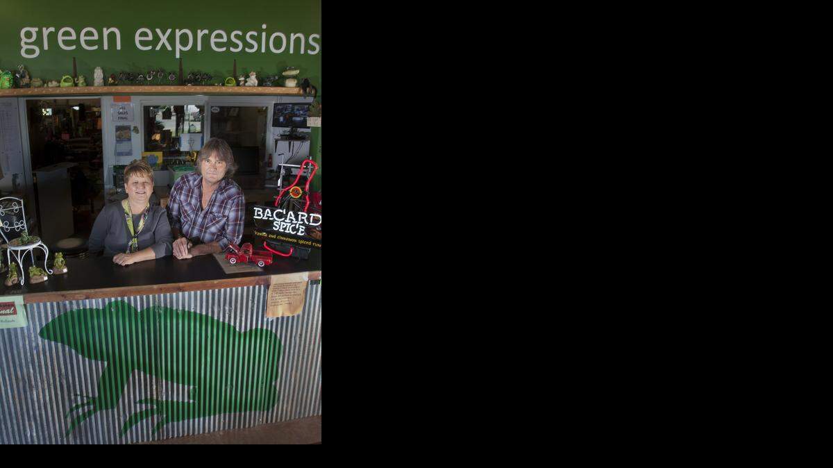 
Jet and Russell Magathan, owners of Green Expressions, celebrate their one-year anniversary in their Olathe location, 203 W. Dennis. The 6,000-square-foot store offers products from about 50 vendors including their own. Russell also restores furniture.
