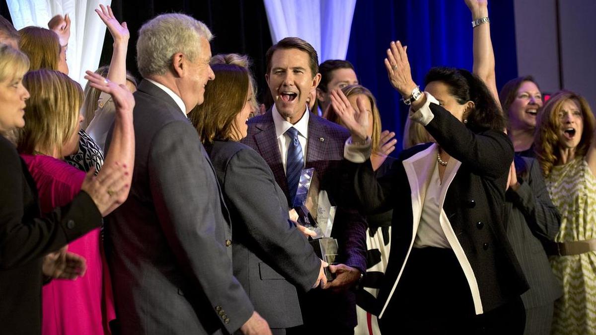 
In May 2014, Bishop-McCann was named Small Business of the Year by the Greater Kansas City Chamber of Commerce during a luncheon at the Sheraton Kansas City Hotel at Crown Center. Founder Dan Nilsen (center) held the Mr. K Award.
