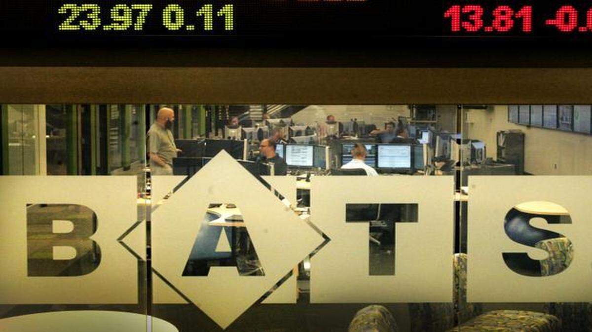 
The entrance to the Bats stock exhange headquarters at 8050 Marshall Drive in Lenexa features a running readout of current stocks over the trade desk area.
