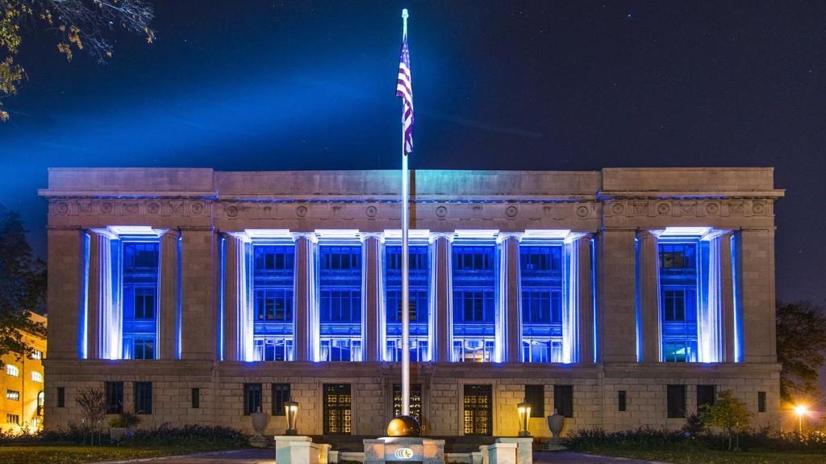 This is the Kansas City Life building bathed in blue.