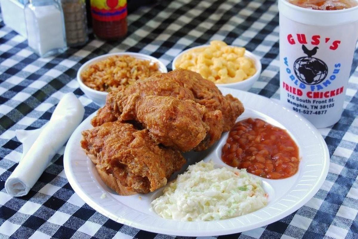 Gus’s World Famous Fried Chicken originated in Memphis and is known for spicy chicken.
