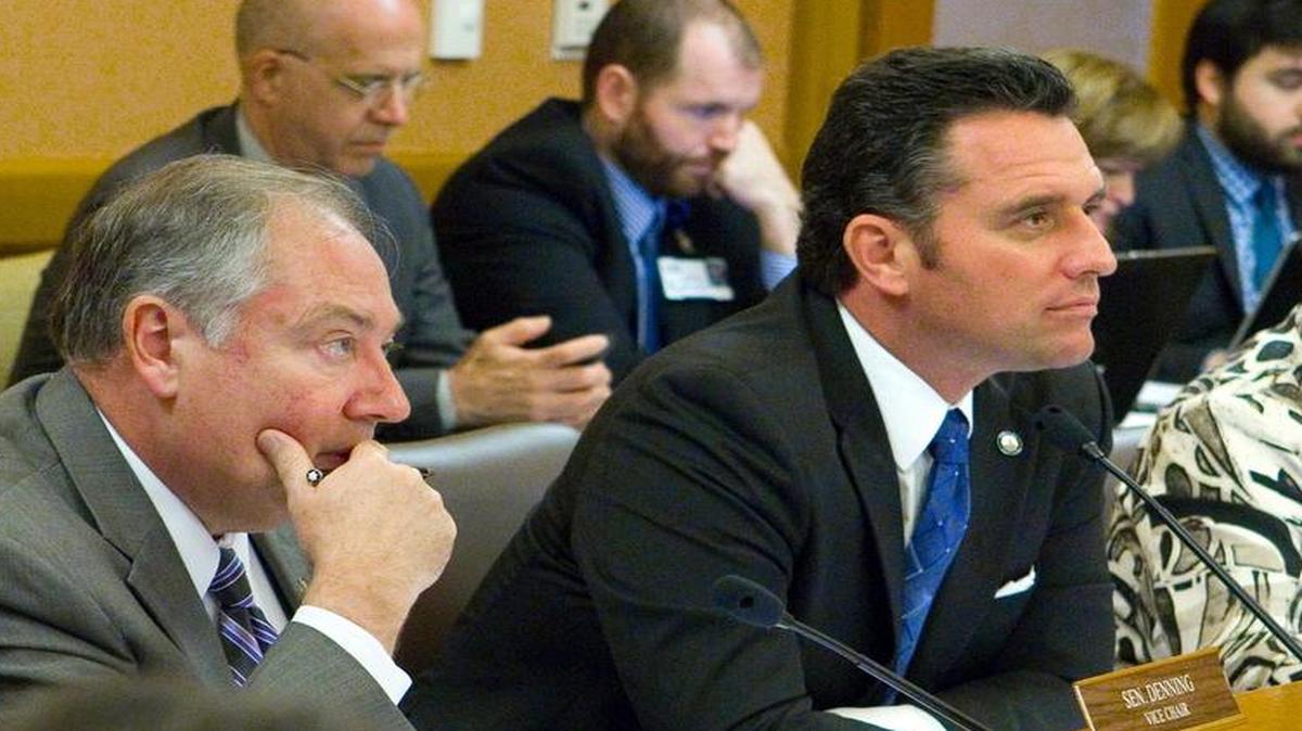
Members of the Senate's budget committee, including, Sen. Jim Denning, R-Overland Park (left); Sen. Ty Masterson, R-Andover, committee chairman; and Sen. Laura Kelly, D-Topeka, held a hearing Monday on a bill apparently drafted by the administration of Gov. Sam Brownback to eliminate the Kansas Bioscience Authority, the state's leading venture capital organization.
