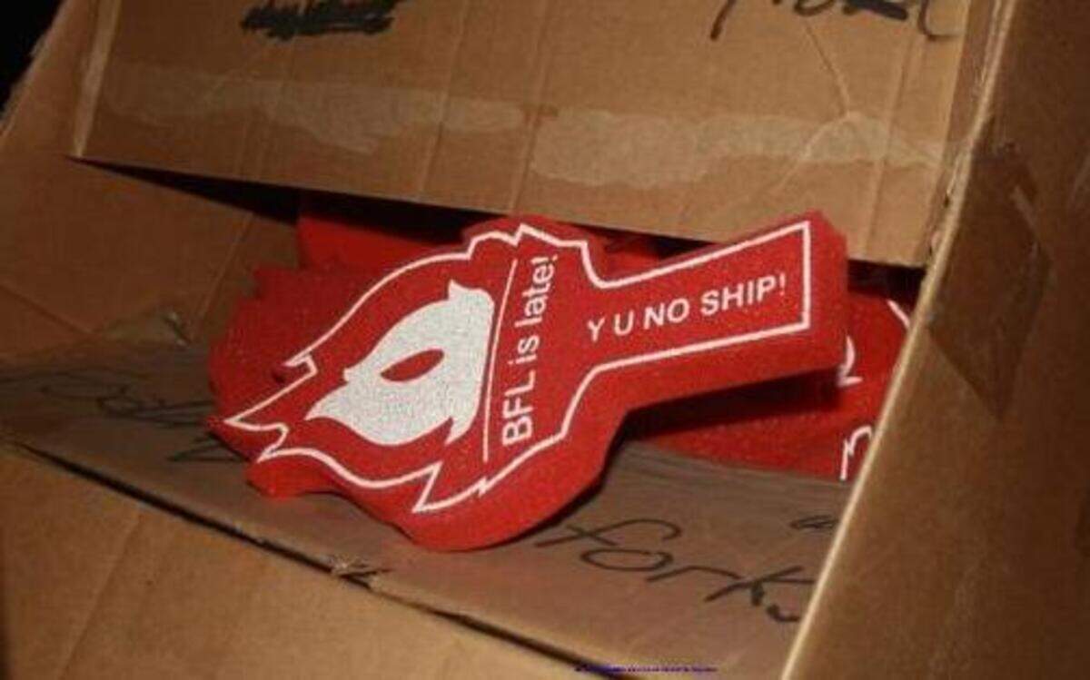 
This red foam torch carries a message similar to one that the FTC said mocked customers who complained about late or non-existent shipments of bitcoin-generating computers.
