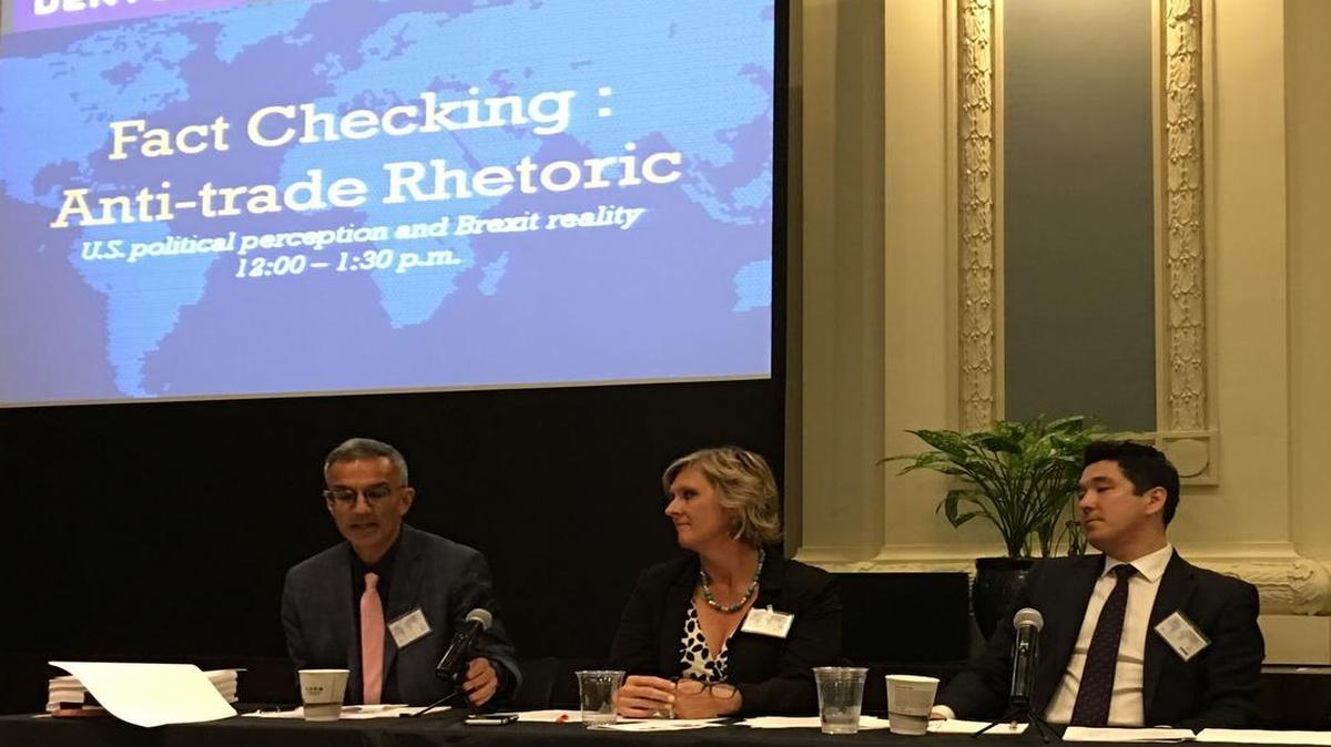 International trade and political communication experts shared the stage Thursday at a trade seminar sponsored by the World Trade Center Kansas City and Dentons at Union Station. The panelists were Raj Bhala (from left), a professor at the University of Kansas School of Law; Amy Wooden, with AJW Consulting; and Andrew Cheung, a lawyer in Denton’s London office.