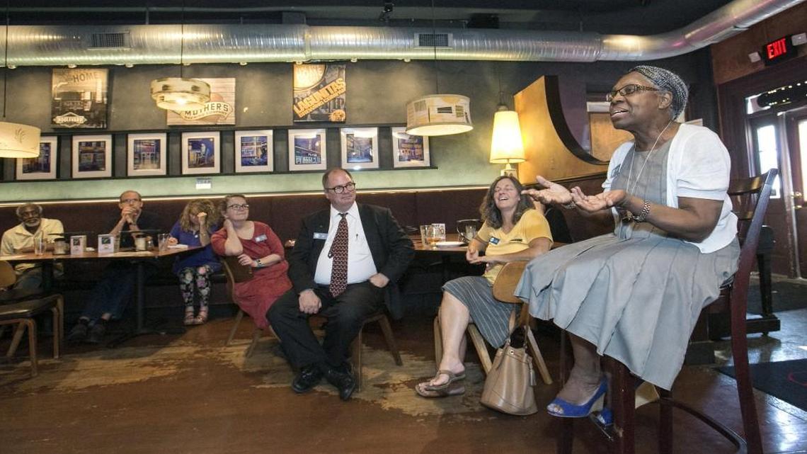 Member Josephine Njoroge (right) shared her story at the meeting of the Waldo-Brookside Rotary Club at the Waldo Pizza Taproom.