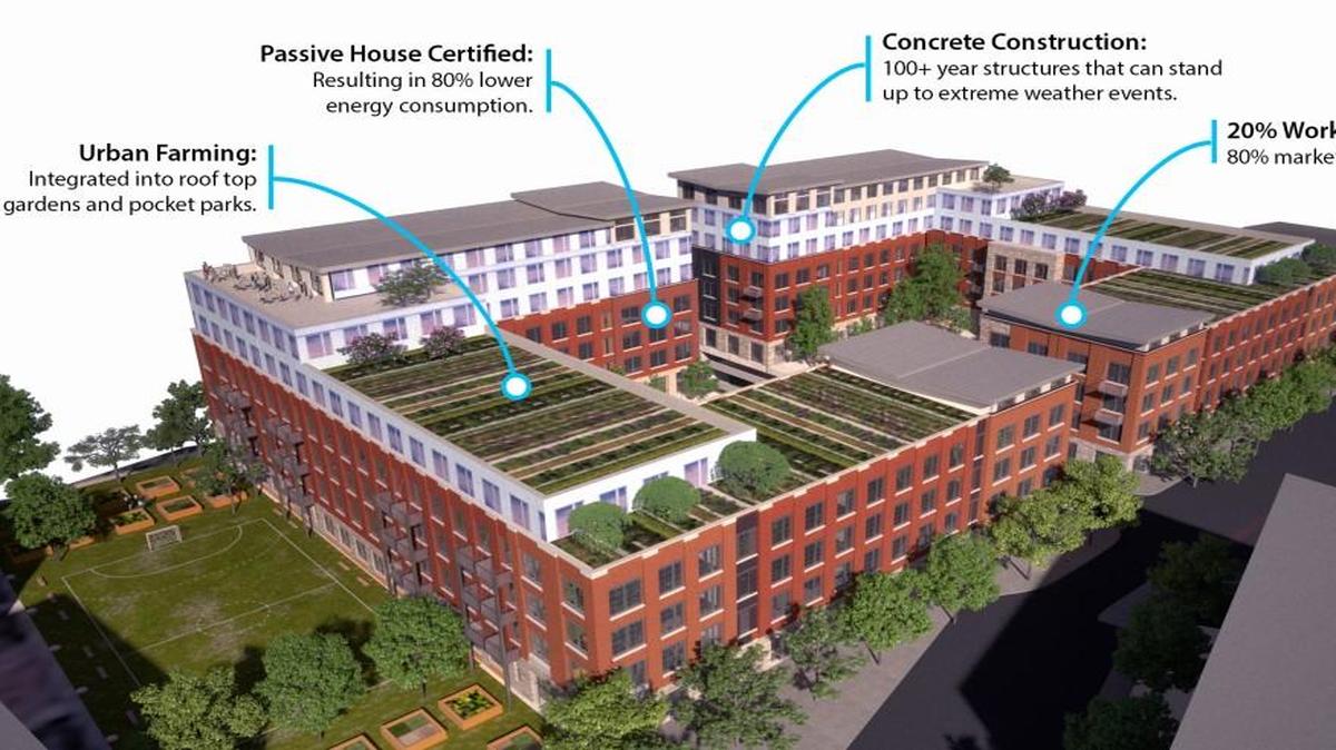 
The Second and Delaware apartment buildings will include rooftop gardens for tenant gardening as well as energy efficiency.
