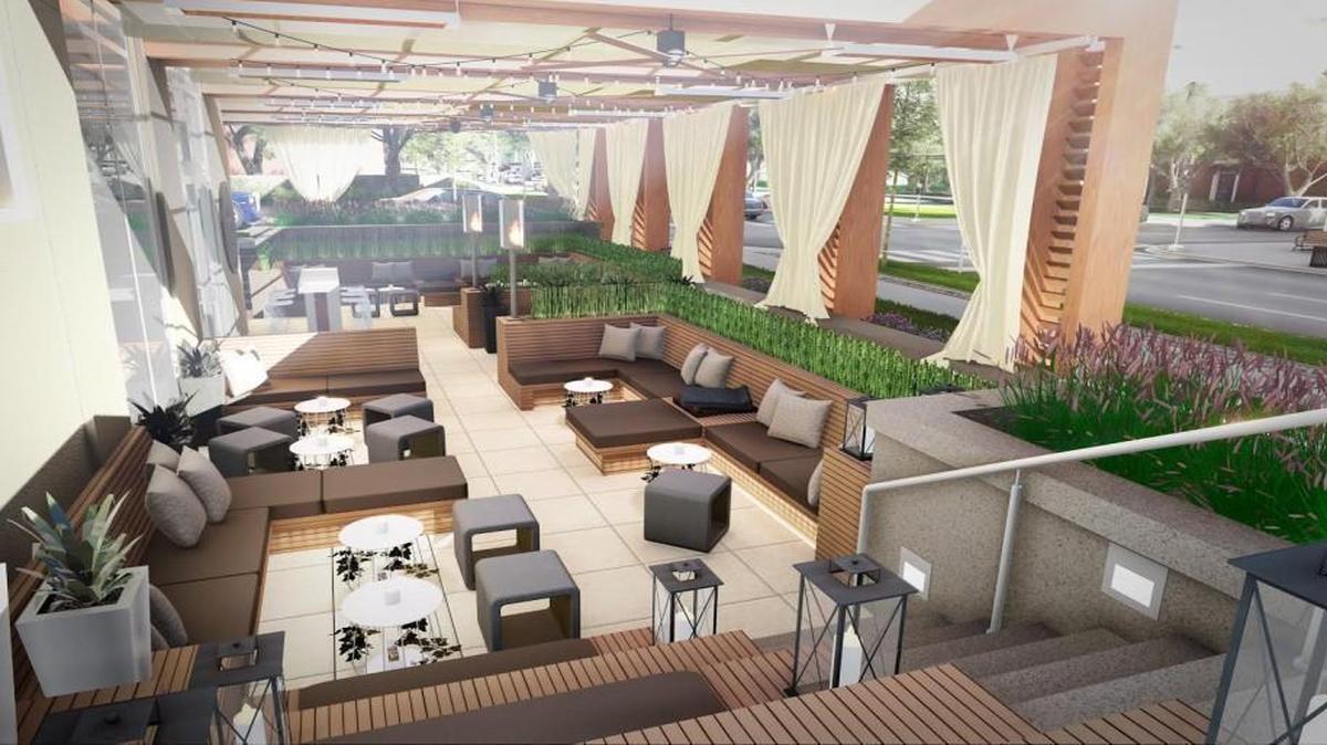 A rendering shows the patio of the Monarch Bar.