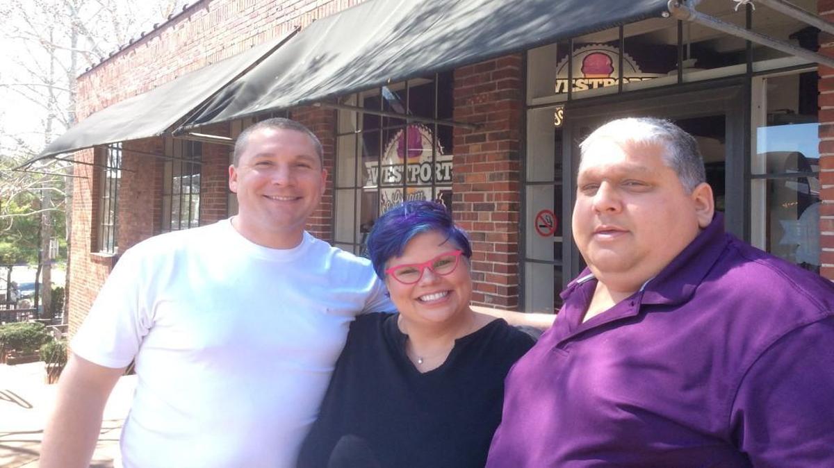 Steve Engravalle, left, his sister-in-law Debra, and brother Dan Engravalle are opening Westport Ice Cream Bakery in the former Murray’s Homemade Ice Cream spot in Westport.