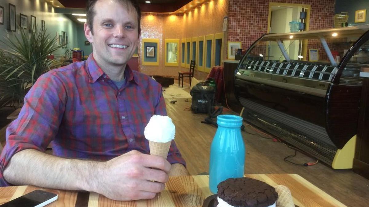 David Friesen took an ice cream break while finishing renovations at Betty Rae’s Ice Cream earlier this month. The shop opened Friday.