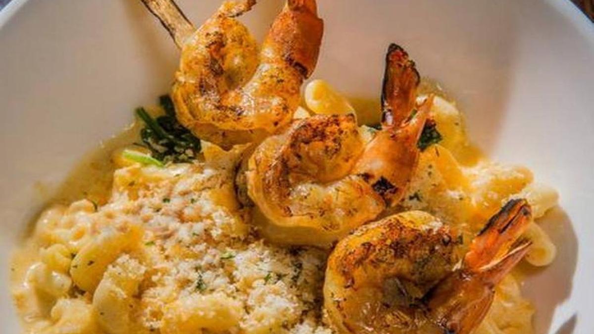 At the Blue Moose, one of the customizable mac-and-cheese dishes includes white truffle oil and wood-grilled shrimp.