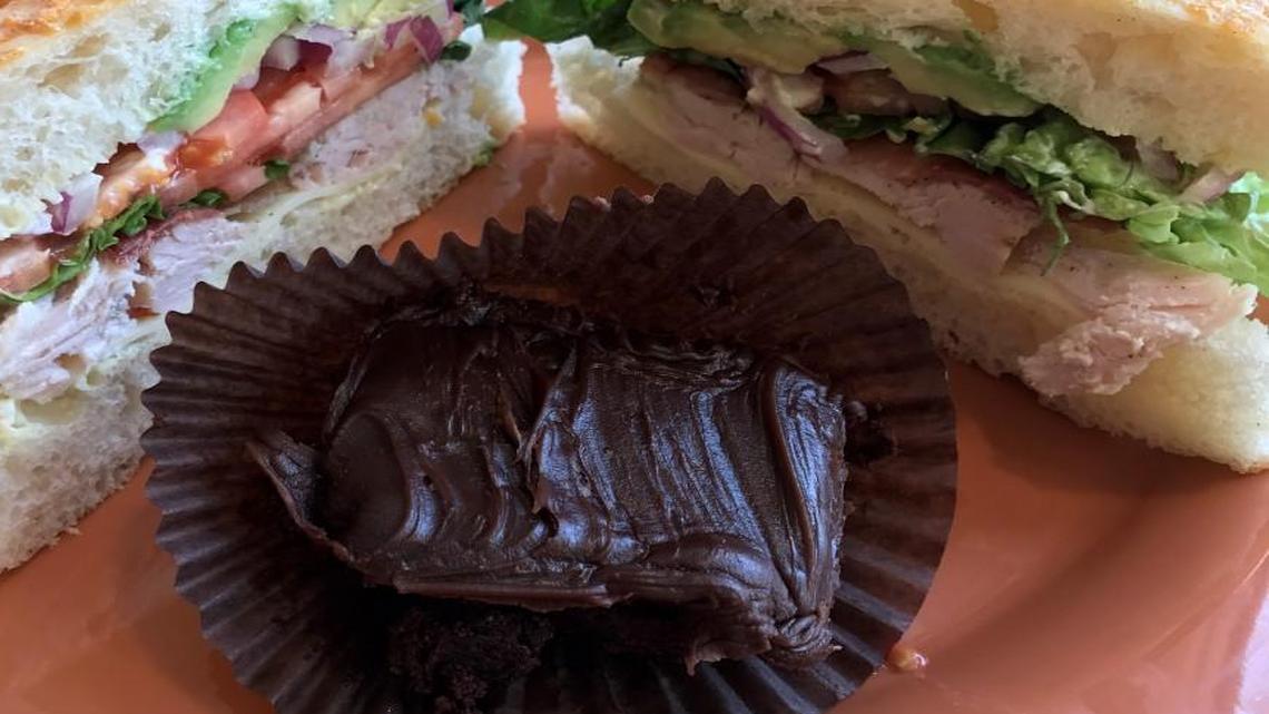 Kneaders’ “Famous Turkey Avocado Sandwich” with slow-roasted hand-pulled turkey, bacon, Kneaders sauce, provolone cheese, lettuce, tomatoes, red onions and avocado served on focaccia for $8.69 and a double fudge brownie for $1.99.