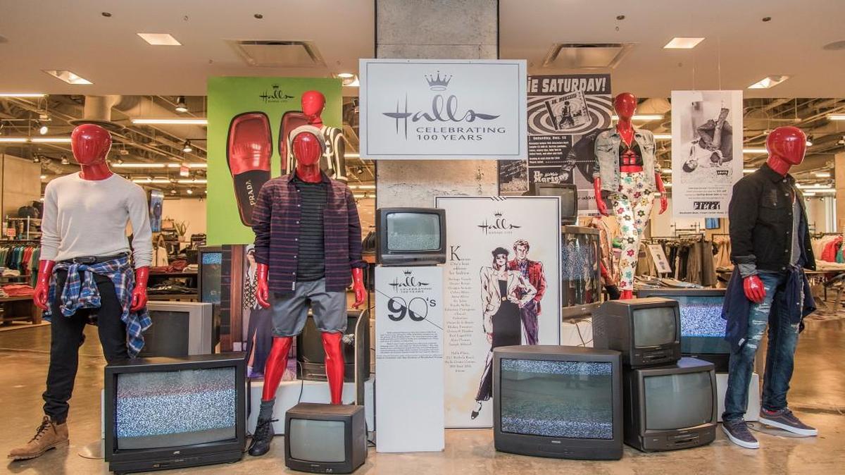 The display of fashions and ads from the 1990s greet visitors at one of the entrances to Hall’s. Retrospective showcases featuring vintage Halls fashions, photos and ads are currently displayed throughout the store.