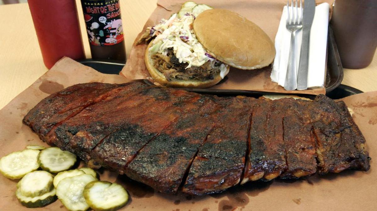 
The slab of ribs and Carolina-style pulled pork sandwich at Joe’s Kansas City Bar-B-Que

