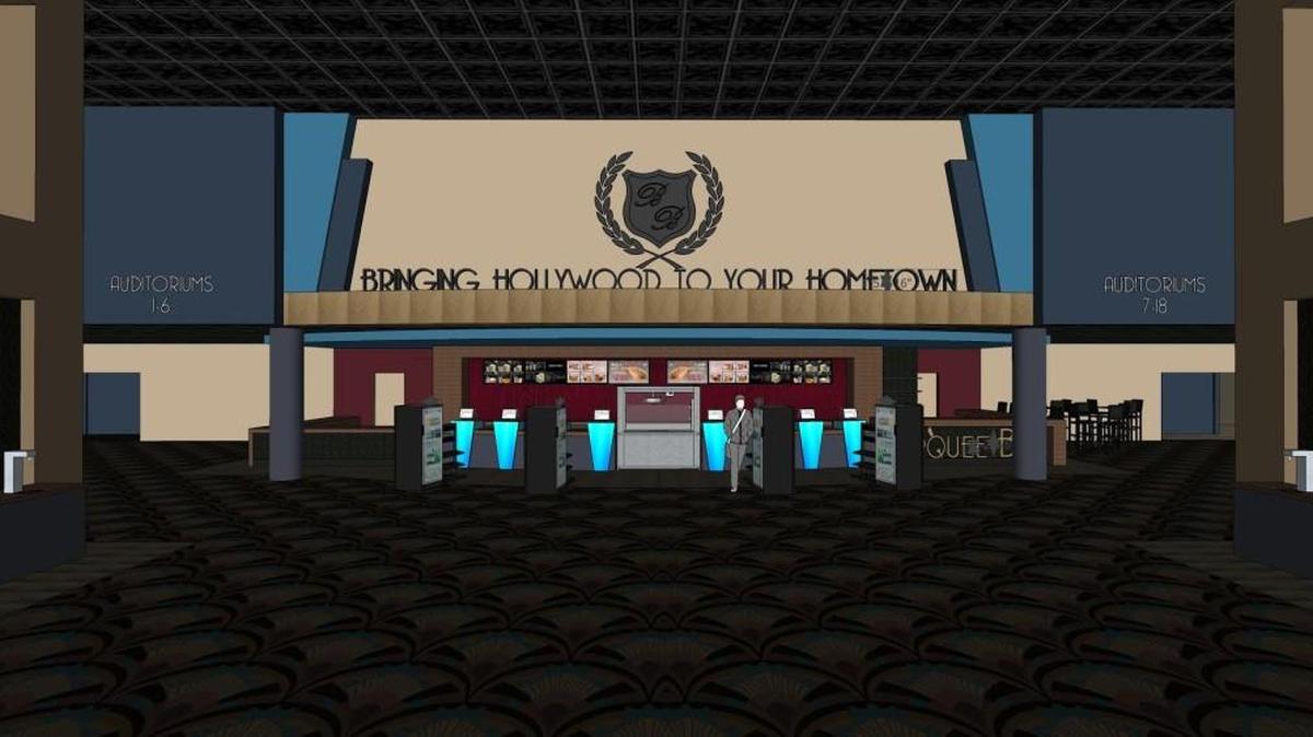 A rendering of the new B&B Theatres Shawnee 18 lobby.