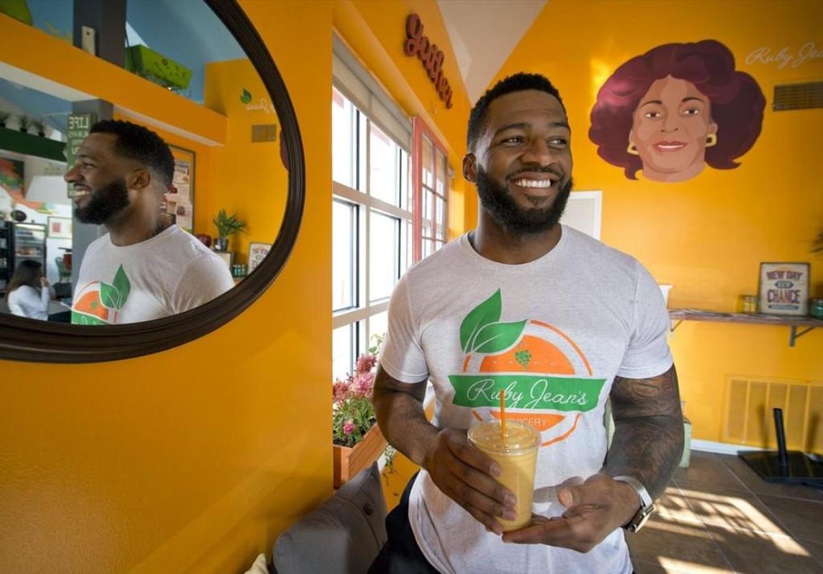 Chris Goode is owner of Ruby Jean’s Juicery, 4001 Broadway. The business is named for his grandmother. A portrait of her can be seen on the wall behind Goode.