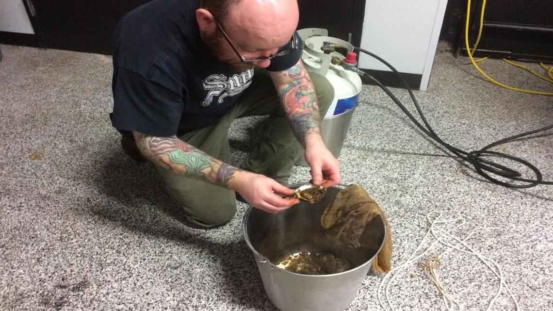 Bryan Buckingham, head brewer at Cinder Block, during the oyster stout production earlier this month.