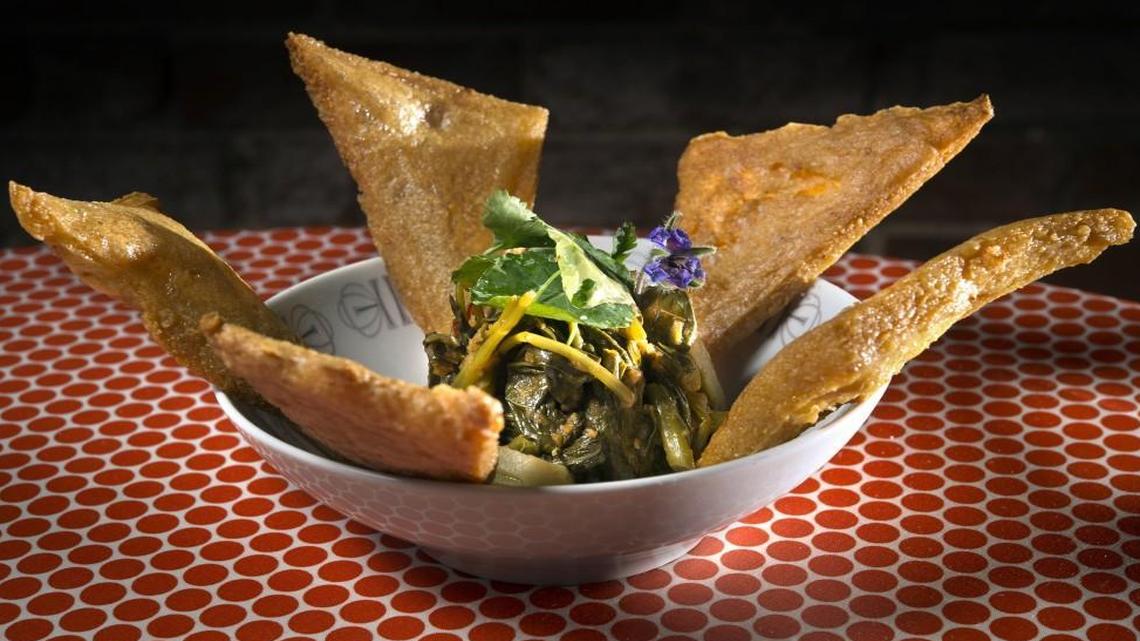 Aep’s Burmese Curried Greens are made with local greens and served with chickpea chips.