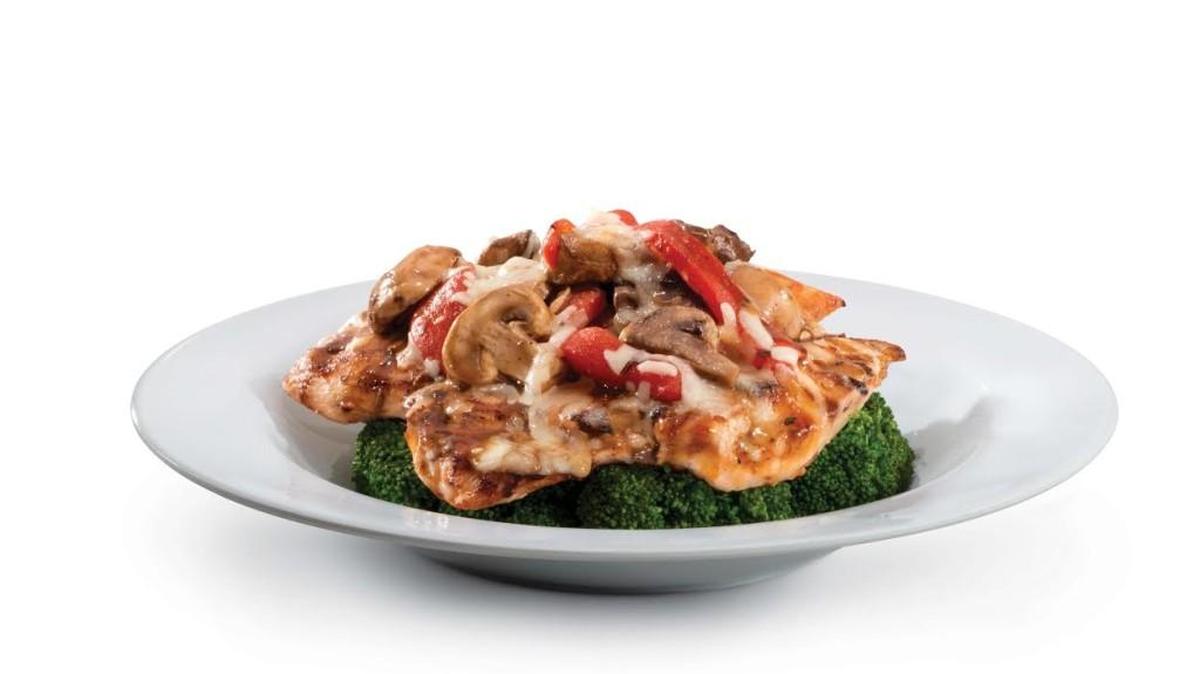 The Godfather is a low-carb option with all-natural grilled chicken breast, portabella mushrooms, roasted red peppers, reduced-fat mozzarella over broccoli with fat-free balsamic vinaigrette.