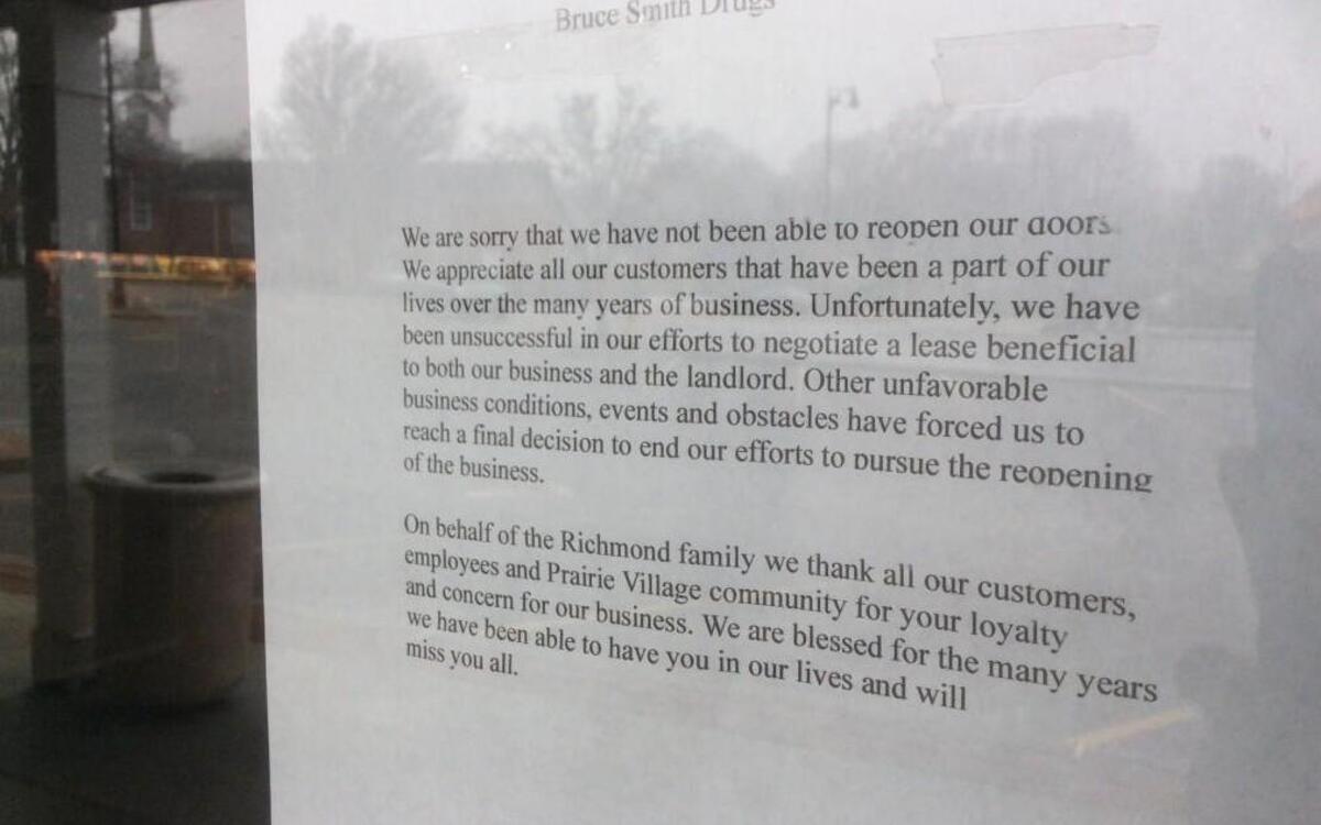 Bruce Smith Drugs posted a note on its doors to thank customers for their support.