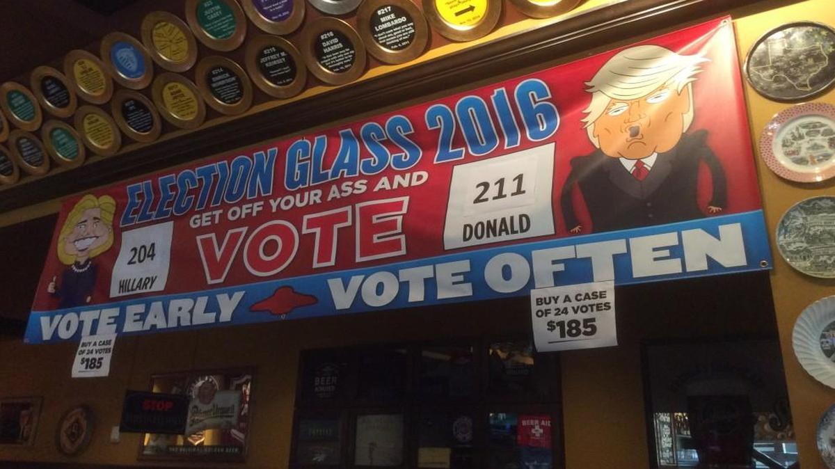 As of Wednesday, Trump glasses were outselling Clinton glasses at the Flying Saucer.