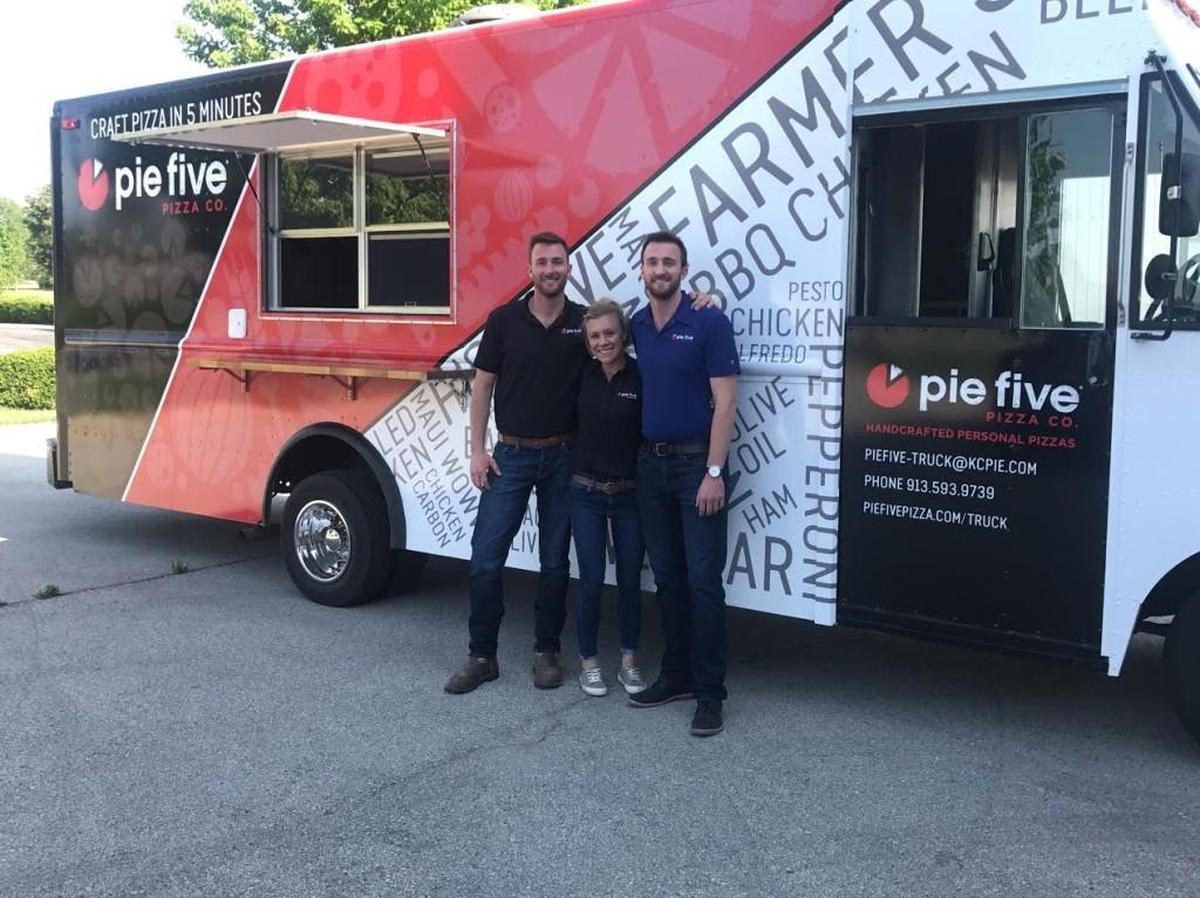 Kevin Goebel (left), his sister, Lyssa Krumhotz, and brother Kerry Goebel offer nearly a dozen different specialty pizzas and build-your-own pies at their new Pie Five Pizza truck.