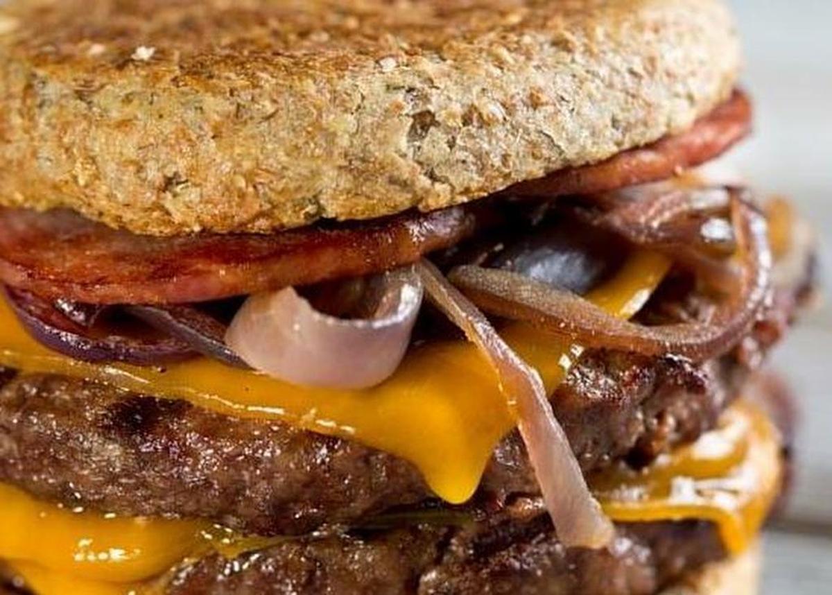 The Muscle Builder with two bison patties, Canadian bacon and fat-free cheddar
