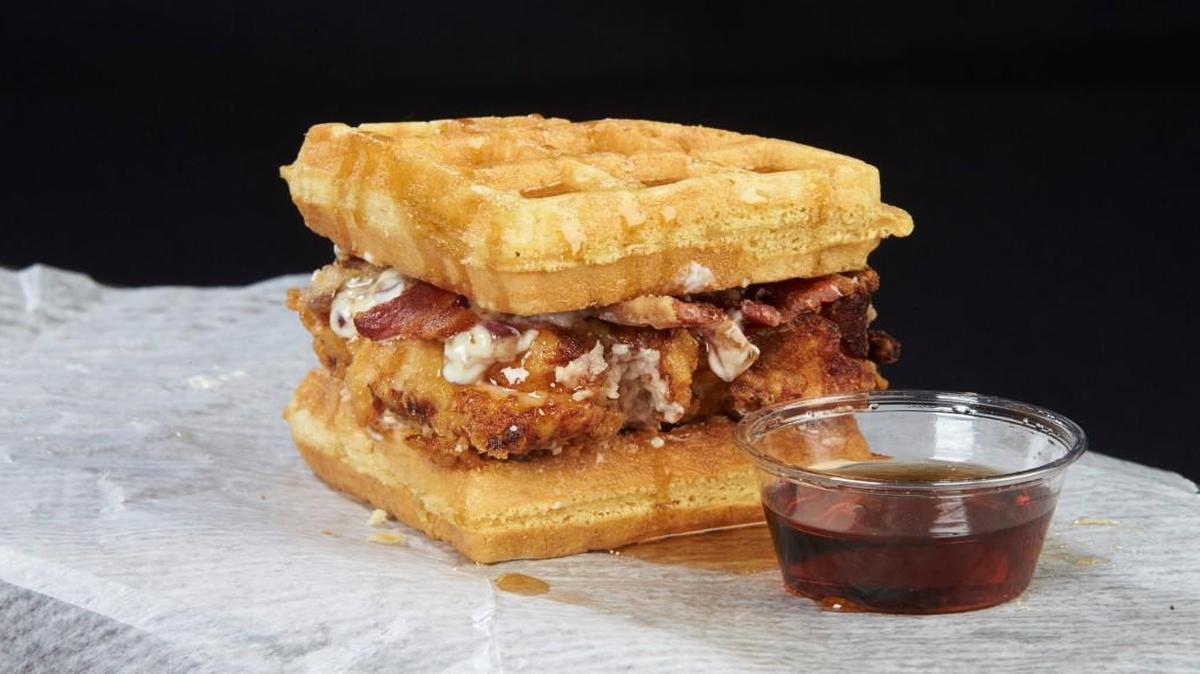 The Chicken and Waffle Sandwich with maple pecan mayo and applewood smoked bacon.