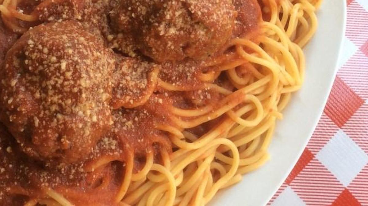 Johnny C’s pasta and meatballs comes with a choice of spaghetti or penne and is served with a side salad and bread and butter for $8.99.