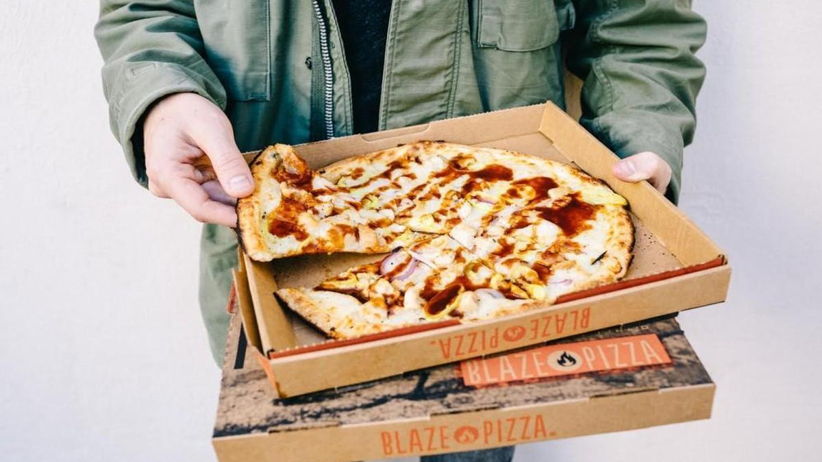 Blaze’s BBQ Chkn pizza with grilled chicken, red onion, banana peppers, mozzarella and gorgonzola with barbecue sauce drizzle.