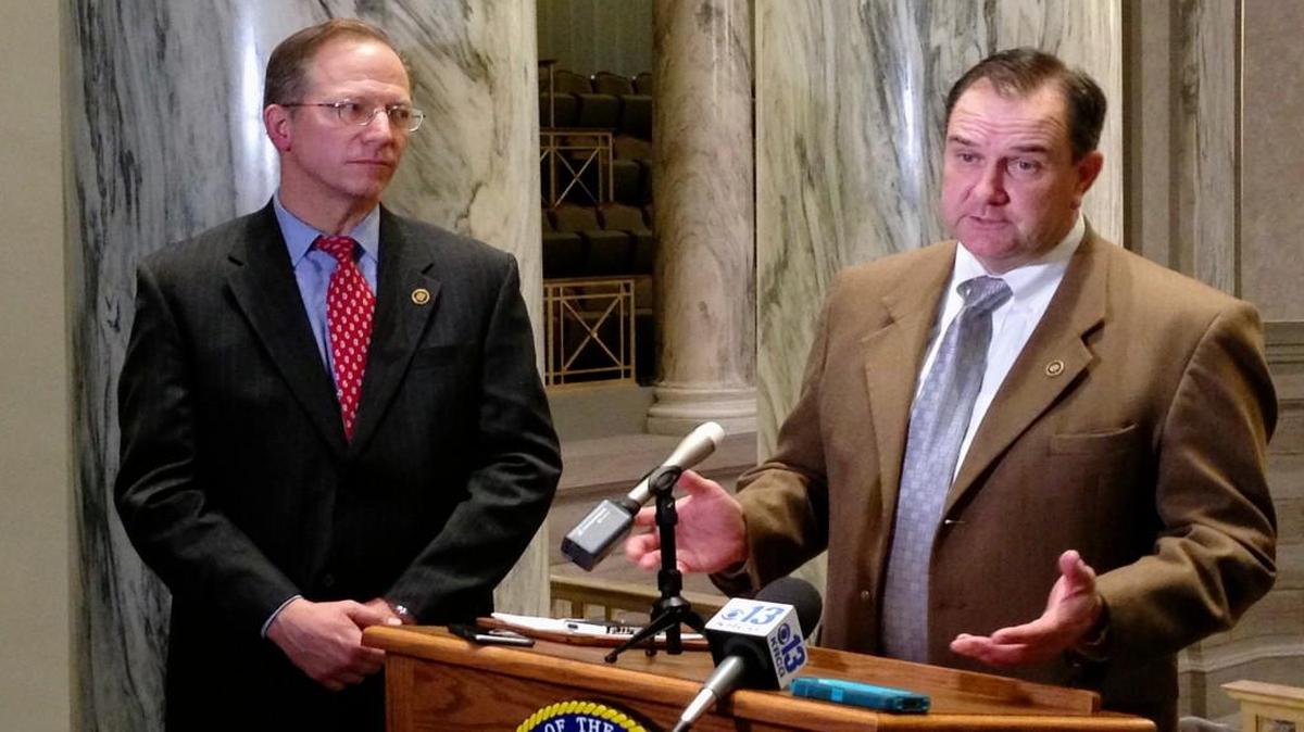 Sen. Bob Onder (left) and Senate Majority Leader Mike Kehoe spoke with reporters March 9 at the Missouri Capitol in Jefferson City. Republican senators used a rare procedural move to shut off a Democratic filibuster and force a vote on a proposed state constitutional amendment sponsored by Onder that would prohibit government penalties against some businesses and individuals who cite religious beliefs while declining to provide services to same-sex couples.
