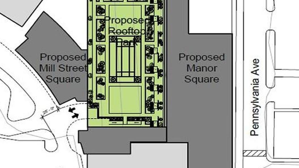 A proposed Westport apartment and hotel project would include a green space atop an existing parking garage.