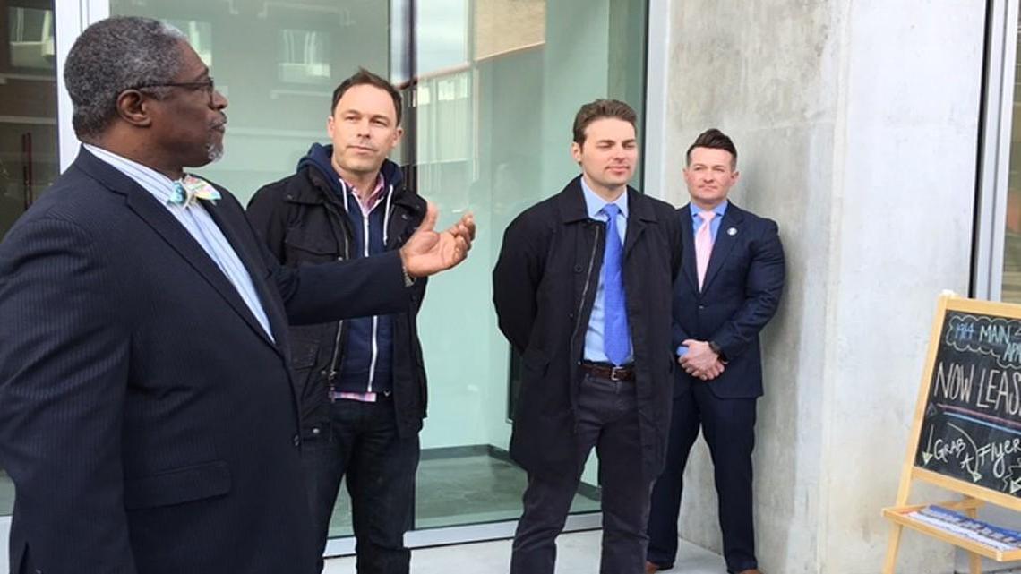 Mayor Sly James joined developers Scott Richardson and Andrew Ganahl on Tuesday to open their new apartment building at 1914 Main St.