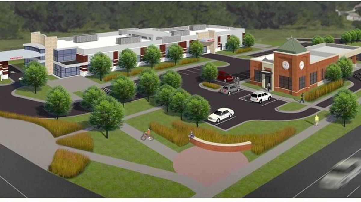 A rendering of a proposed small hospital and branch bank development site at the corner of Roe Boulevard and Johnson Drive in Roeland Park.