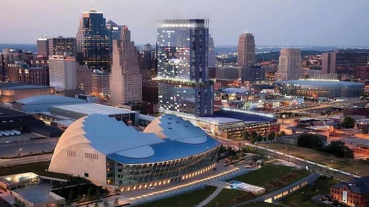 The proposed Kansas City convention center hotel stands in this rendering behind the Kauffman Center for the Performing Arts.