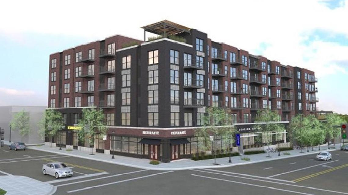 A proposal for a six-story apartment building at the corner of Westport Road and Broadway is scheduled for a May 2 hearing before the Kansas City Plan Commission.