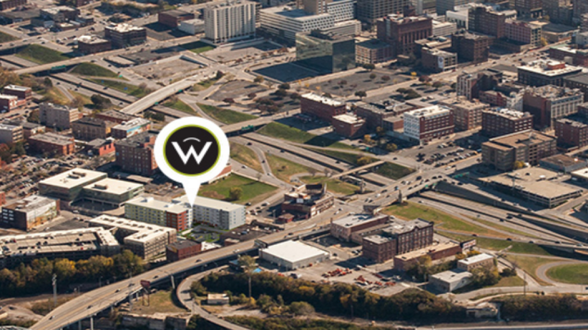 This is an aerial view of RMwest apartments, 228 W. Fourth St. in Kansas City’s River Market, which have been sold to GFI Capital Resources Group.